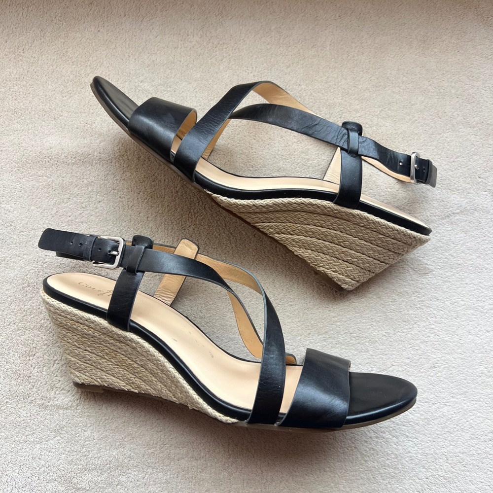 Cole Haan Women 10B Black Leather Espadrille Wedge Sandals Strappy Buckle D41399